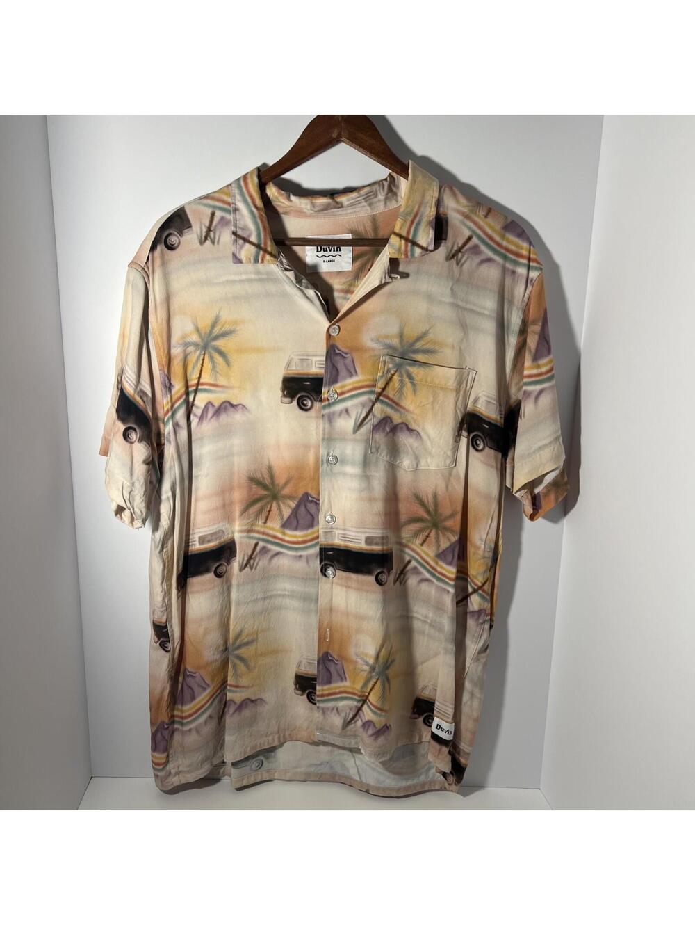 Duvin Shirt Mens Xl Beige Short Sleeve Button Up Casual Rayon Cabana Men